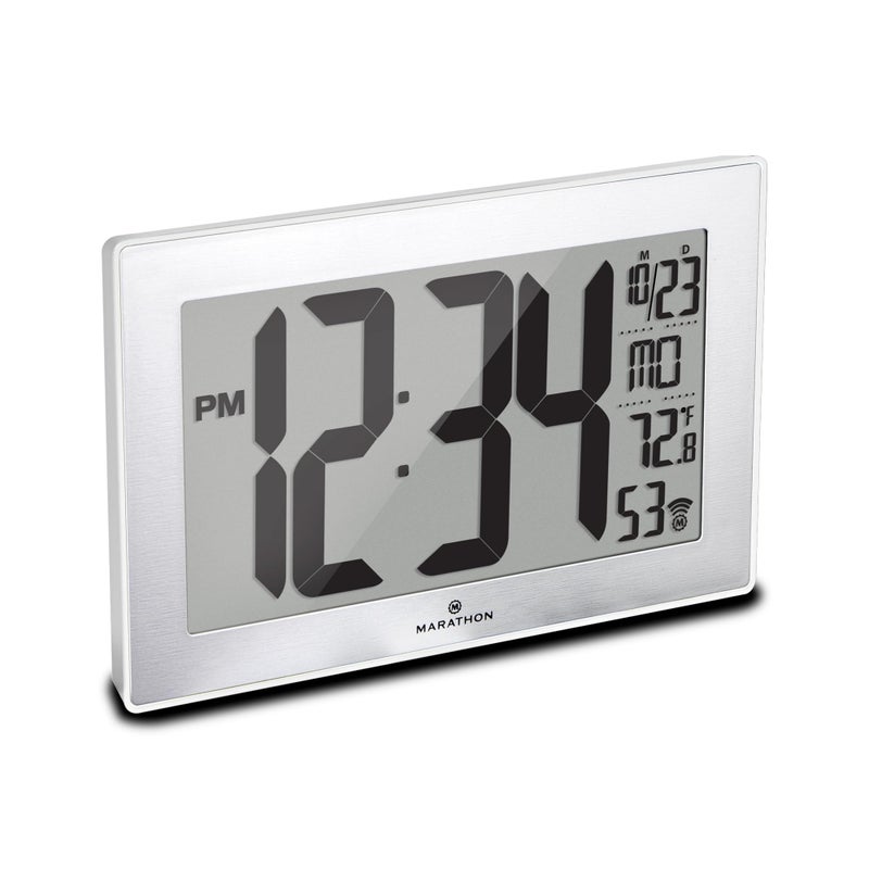 MARATHON Atomic Wall Clock with Stand, White Frame/Stainless Steel Finish - Large, 9-Inch Display - AM/PM or 24-Hour Time Format, Eight Time Zones & Indoor Temperature - Two AA Batteries Included - Image 1